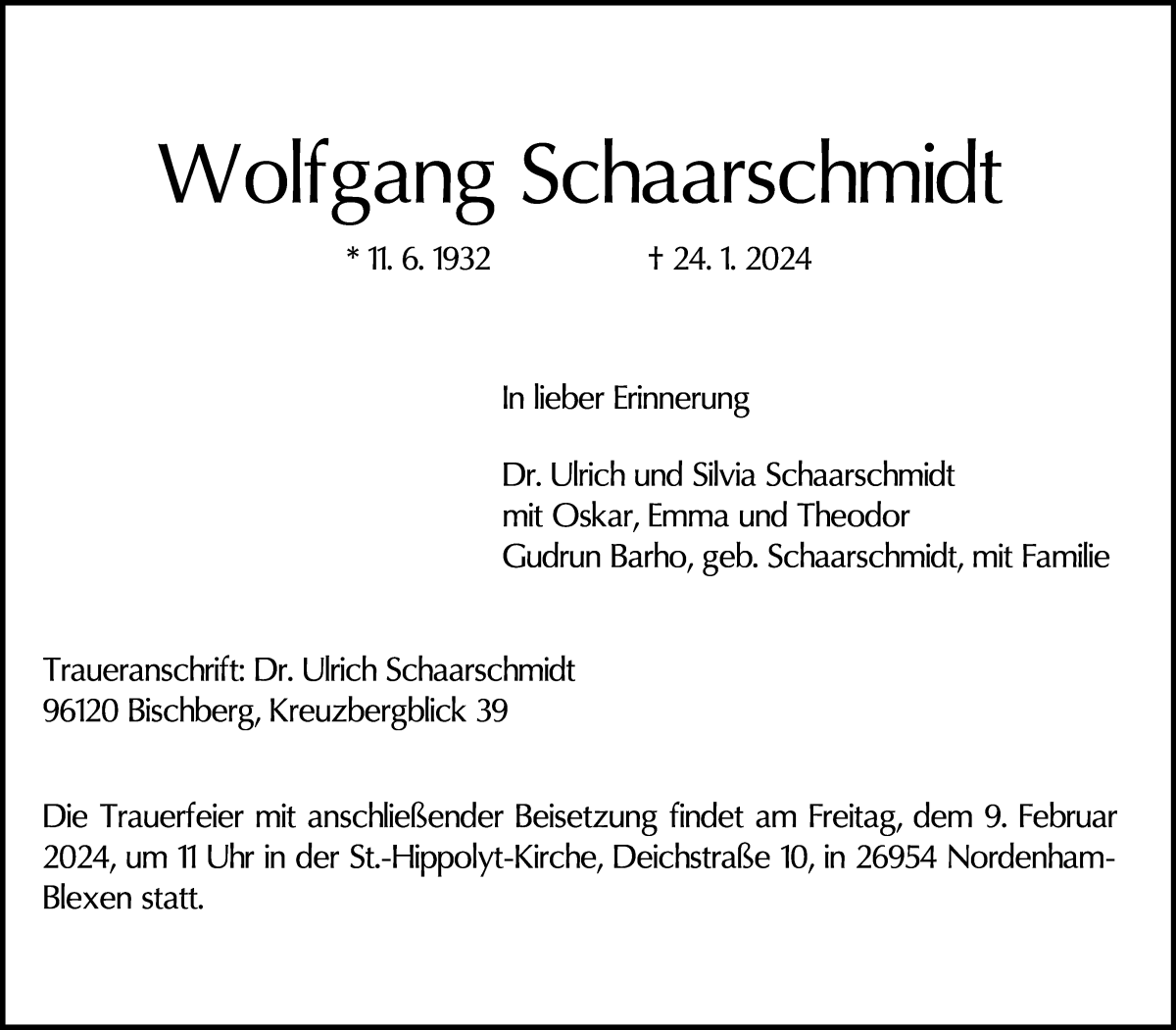 Traueranzeige von Wolfgang Schaarschmidt von WESER-KURIER