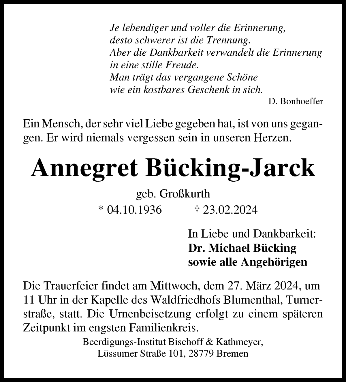 Traueranzeige von Annegret Bücking-Jarck von Die Norddeutsche