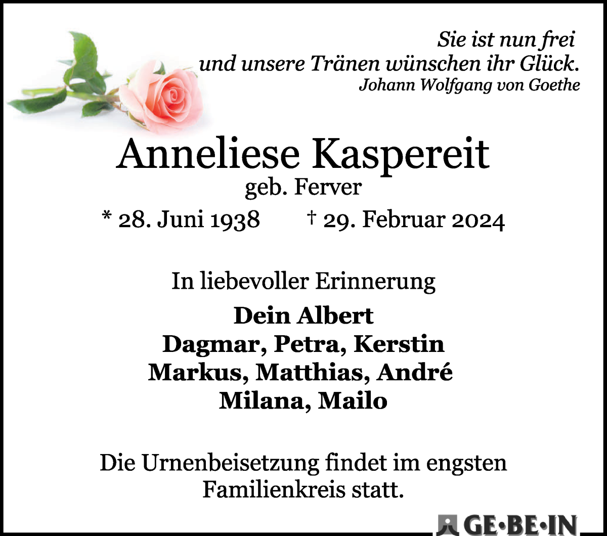 Traueranzeige von Anneliese Kaspereit von WESER-KURIER