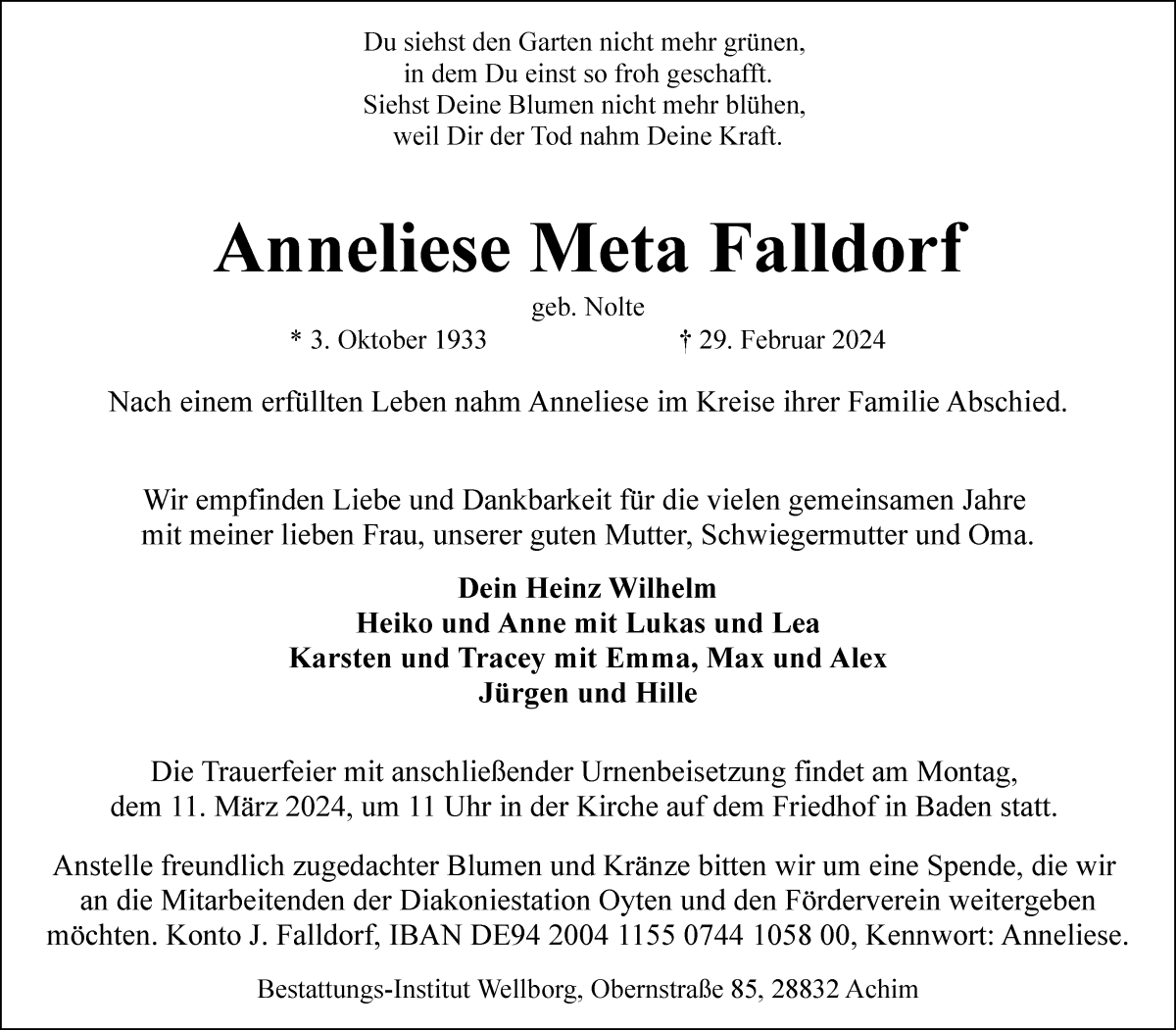 Traueranzeige von Anneliese Meta Falldorf von Achimer Kurier/Verdener Nachrichten