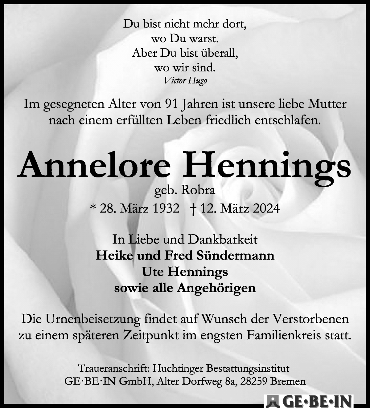 Traueranzeige von Annelore Hennings von WESER-KURIER