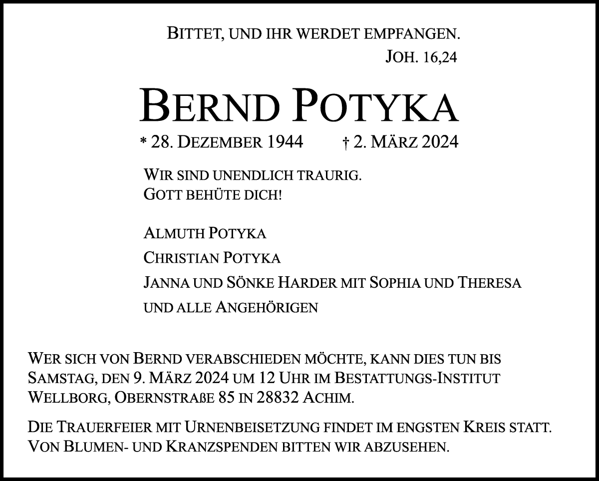Traueranzeige von Bernd Potyka von Achimer Kurier/Verdener Nachrichten