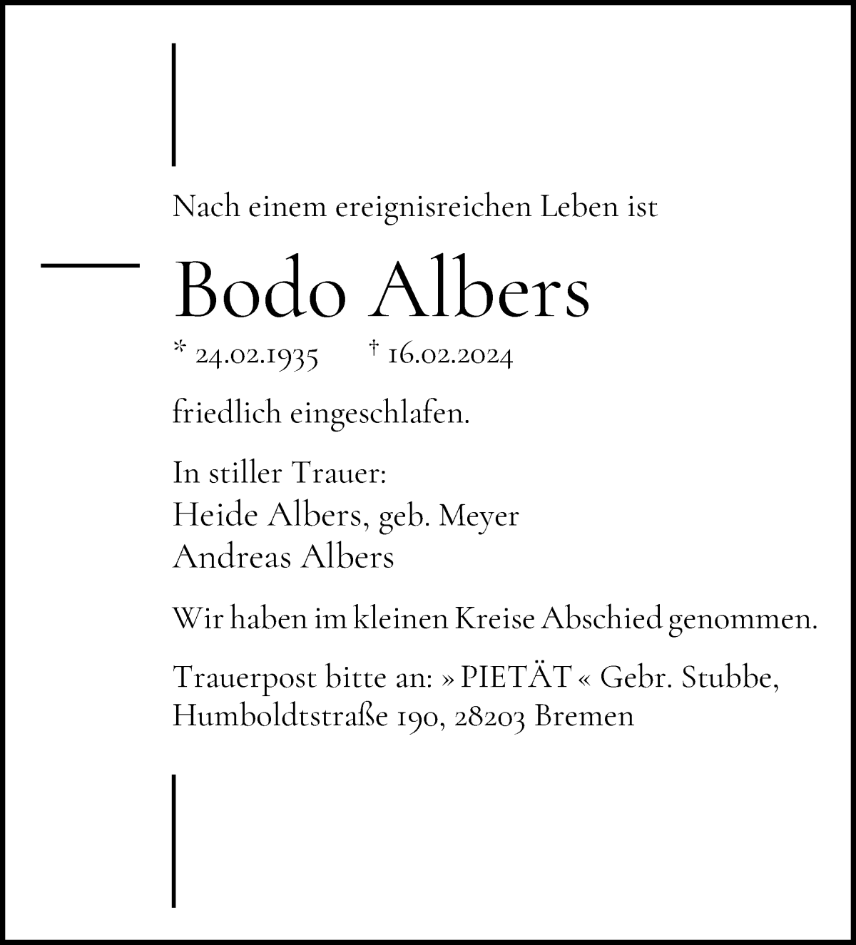 Traueranzeige von Bodo Albers von WESER-KURIER