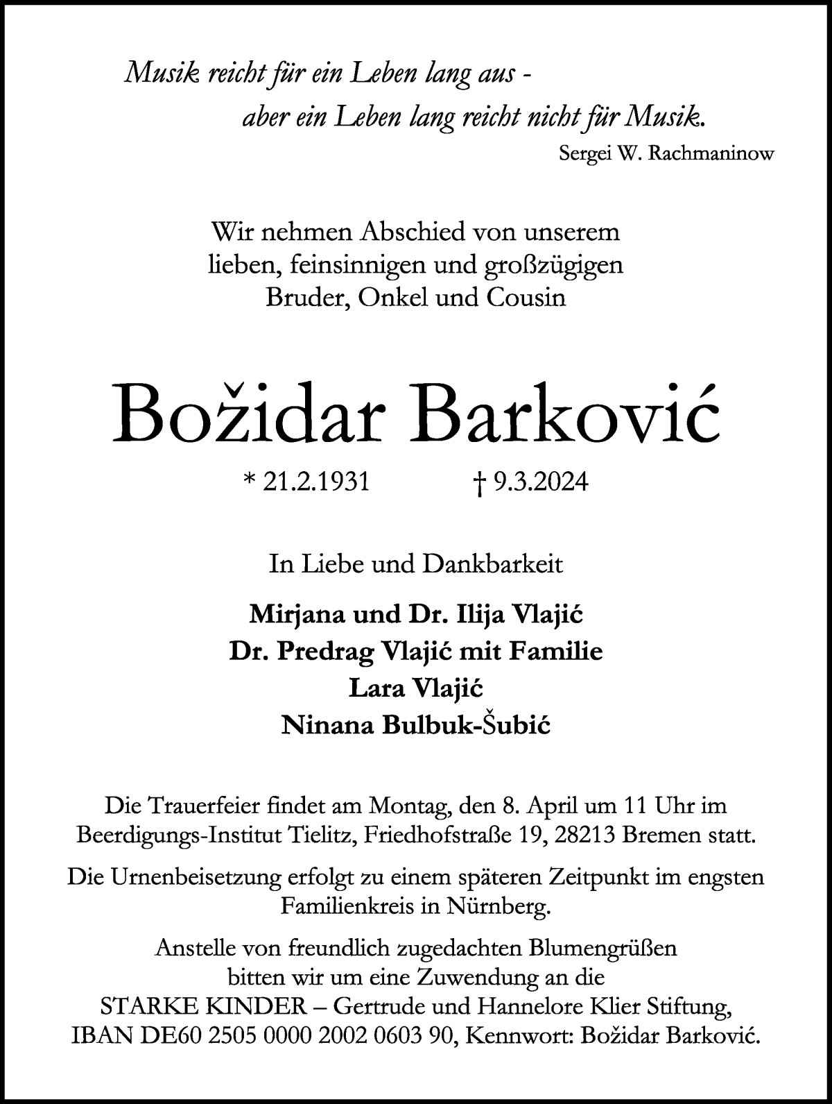 Traueranzeige von Božidar Barkovic von WESER-KURIER