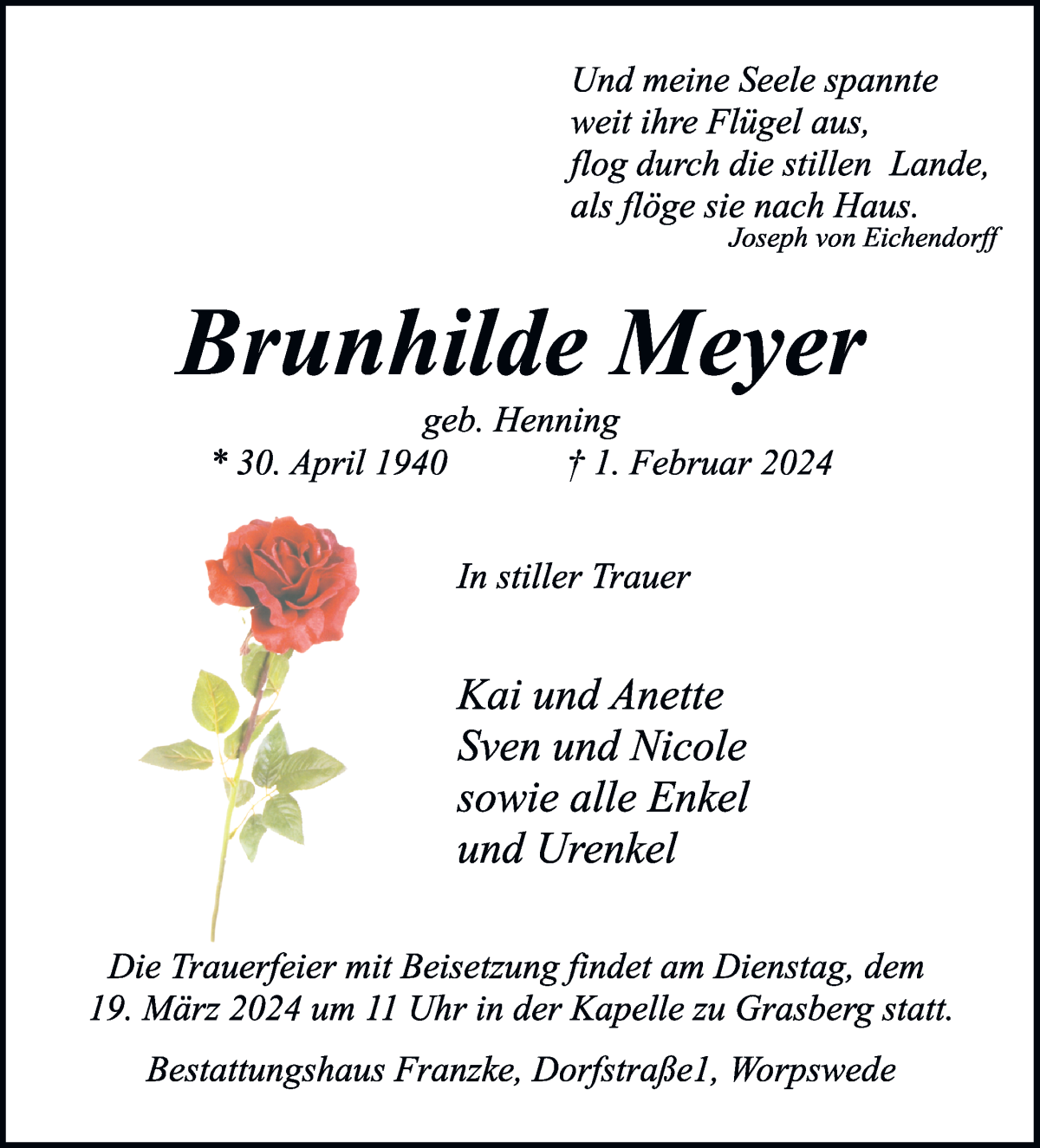 Traueranzeige von Brunhilde Meyer von Wuemme Zeitung