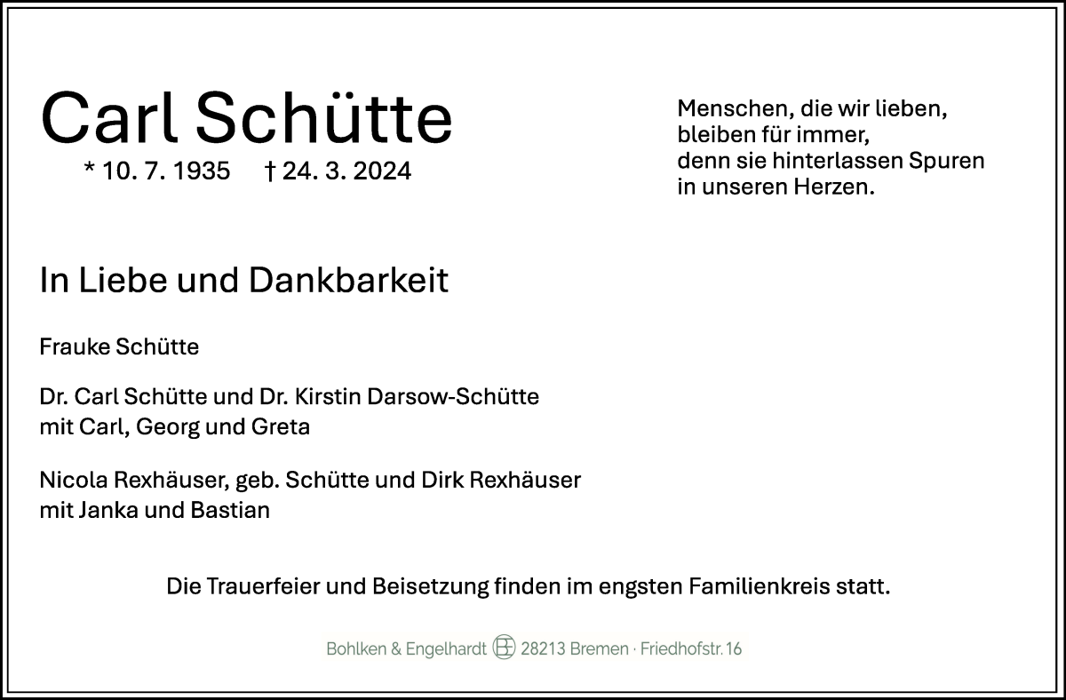 Traueranzeige von Carl Schütte von WESER-KURIER