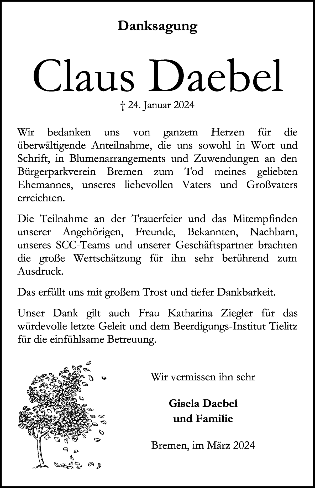 Traueranzeige von Claus Daebel von WESER-KURIER