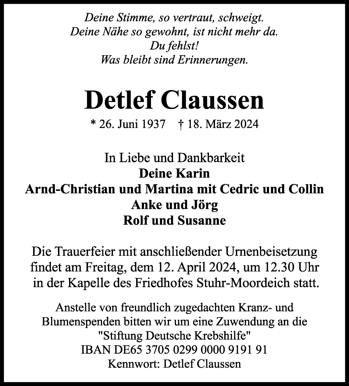 Traueranzeige von Detlef Claussen von Die Norddeutsche