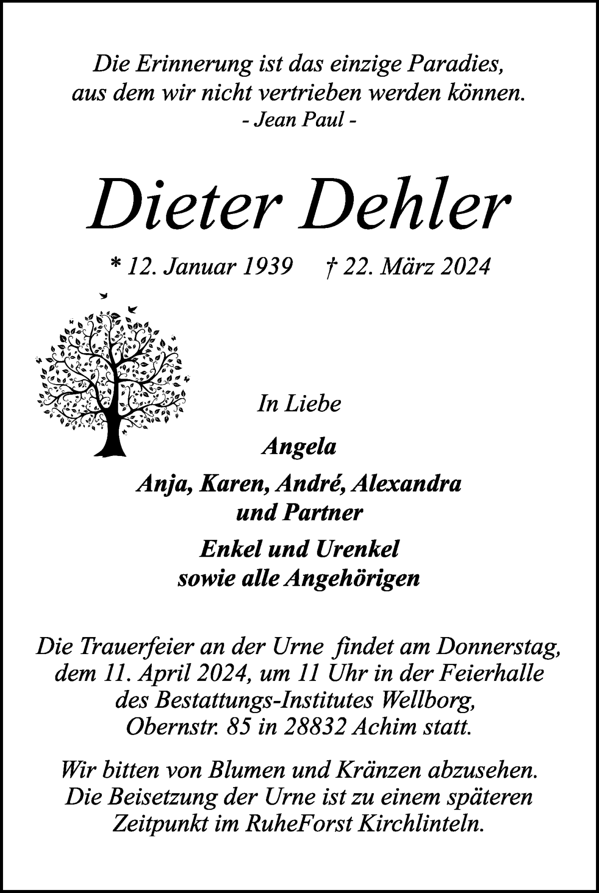Traueranzeige von Dieter Dehler von WESER-KURIER