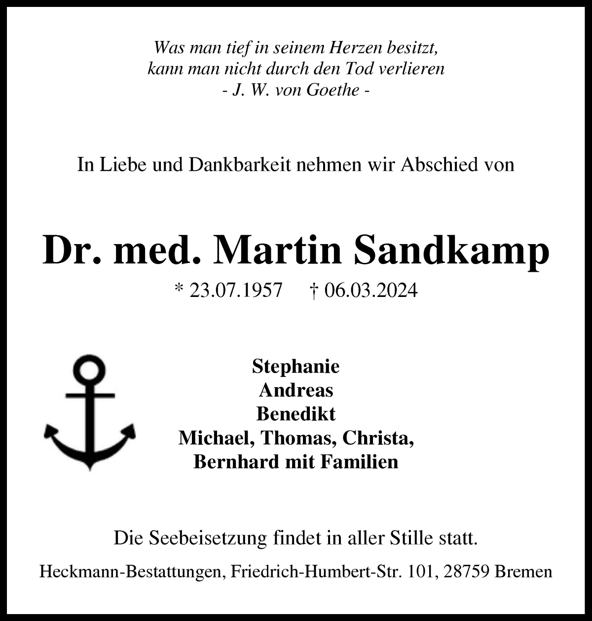 Traueranzeige von Dr. med. Martin Sandkamp von WESER-KURIER