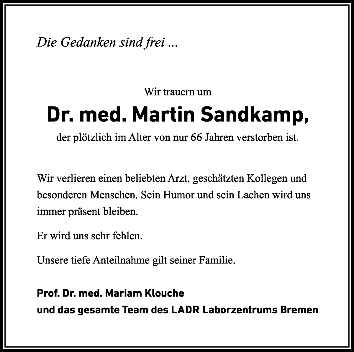 Traueranzeige von Dr. med. Martin Sandkamp von WESER-KURIER