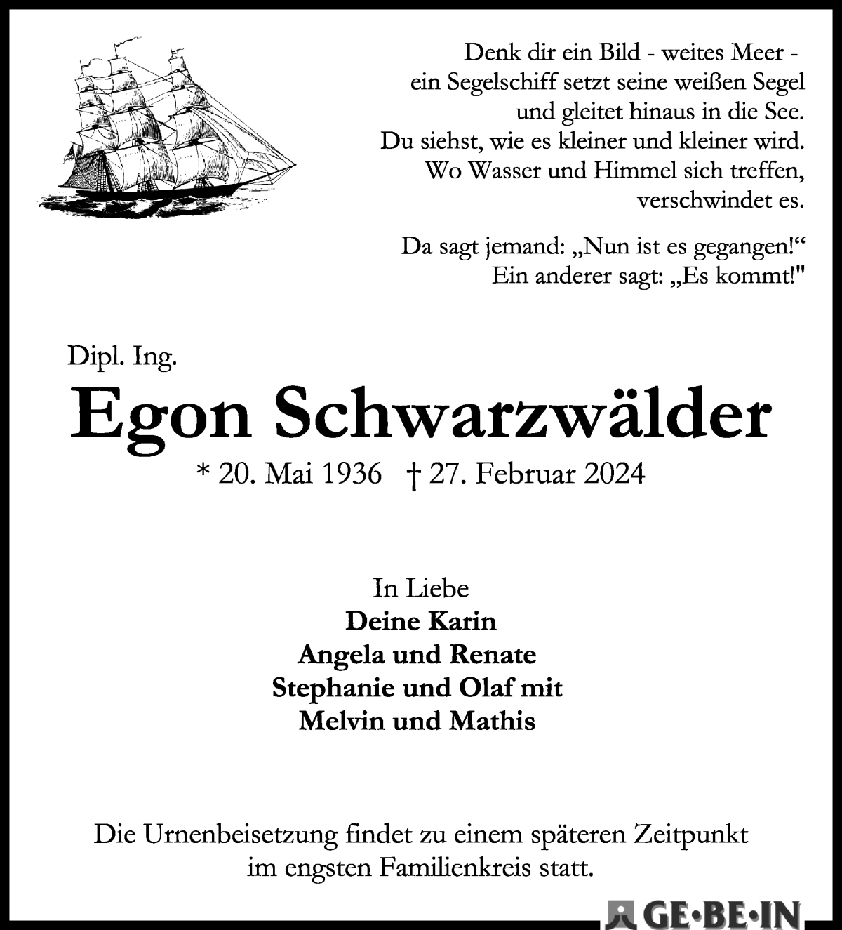 Traueranzeige von Egon Schwarzwälder von WESER-KURIER