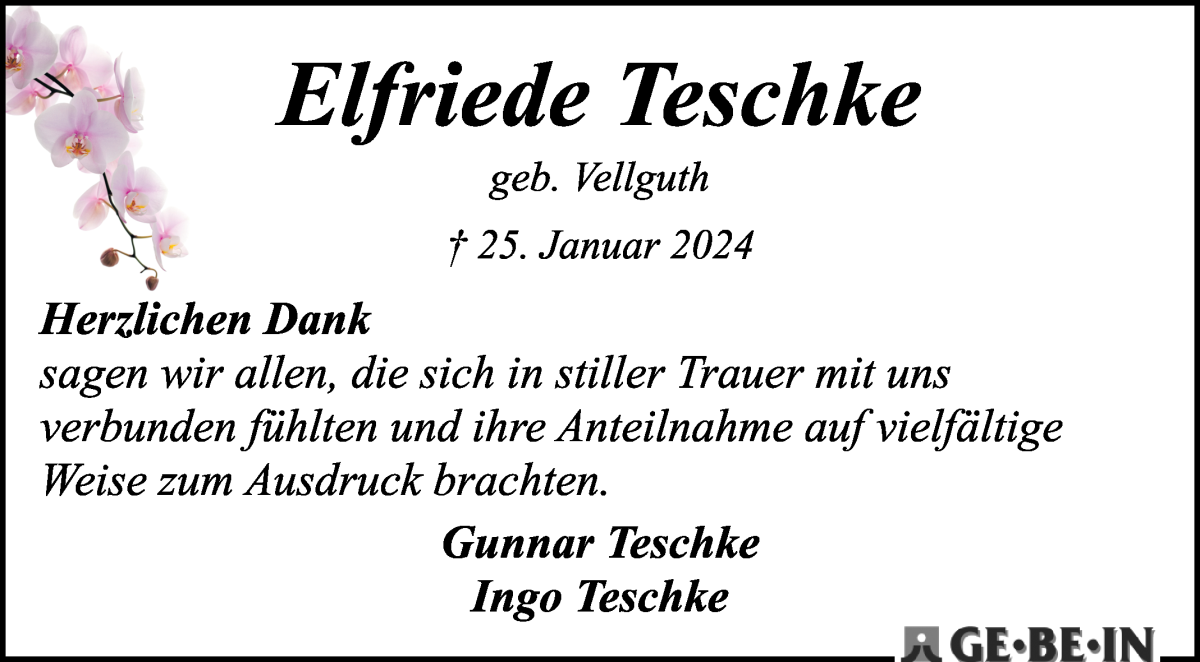 Traueranzeige von Elfriede Teschke von WESER-KURIER