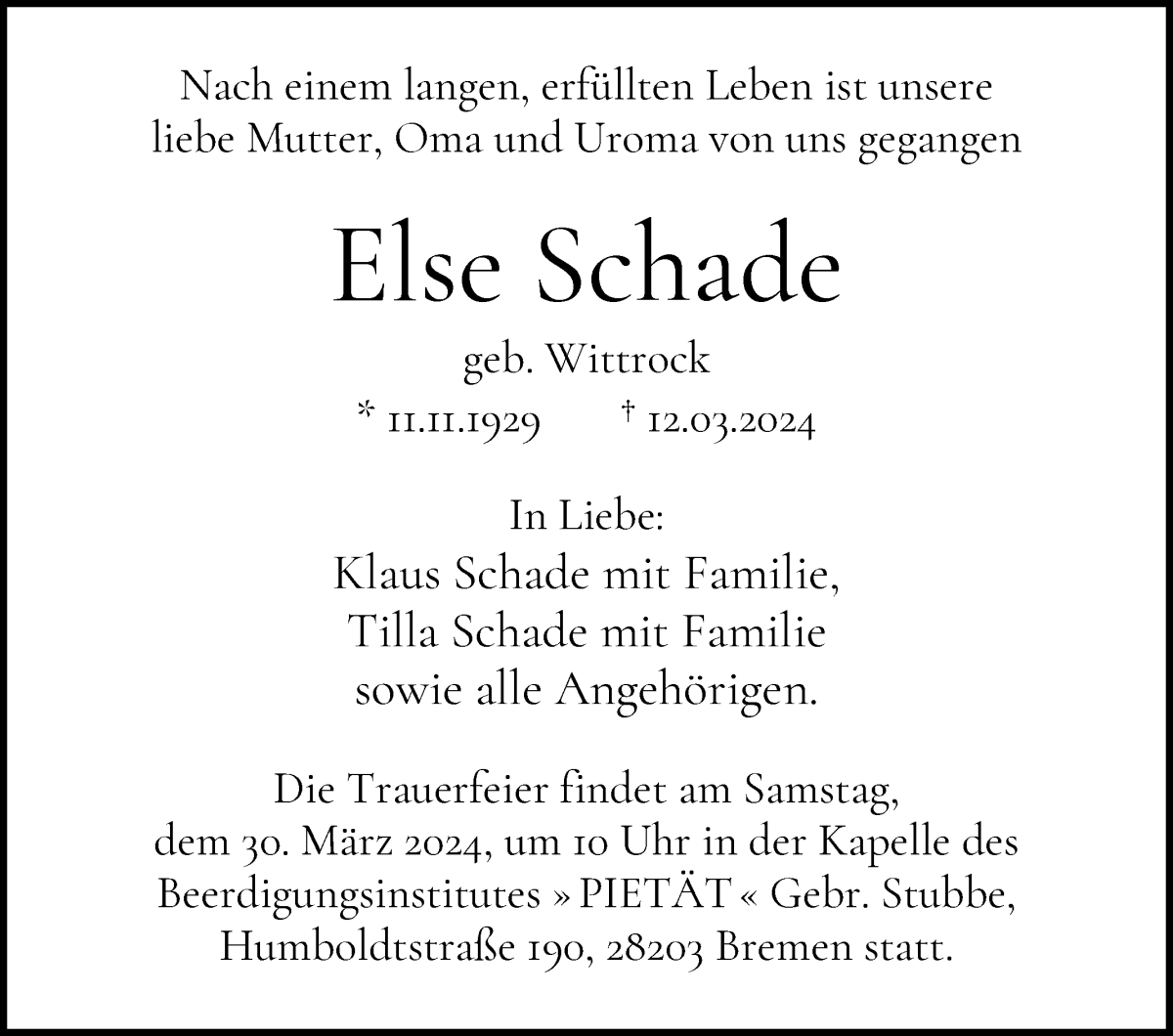 Traueranzeige von Else Schade von WESER-KURIER
