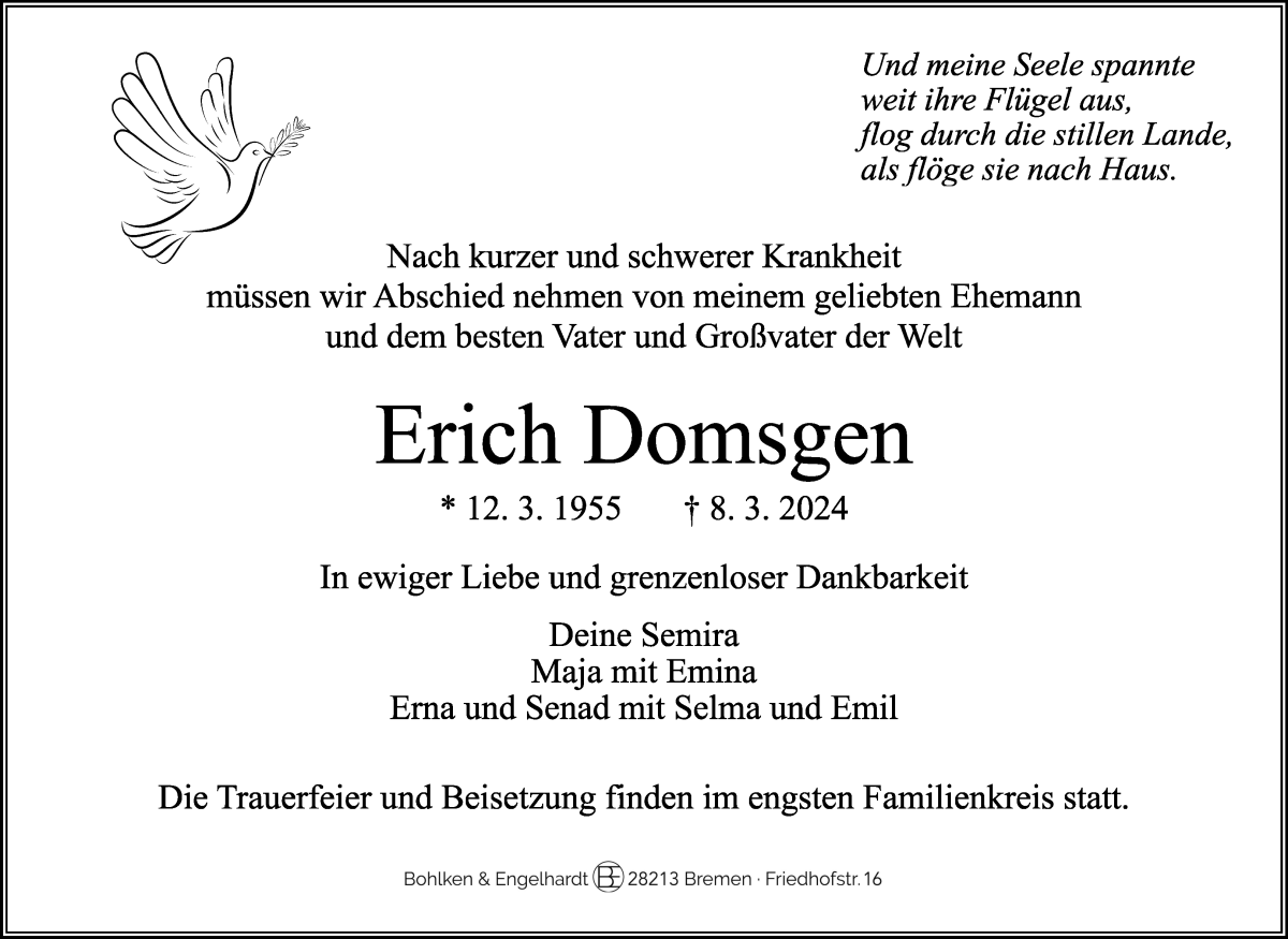 Traueranzeige von Erich Domsgen von WESER-KURIER