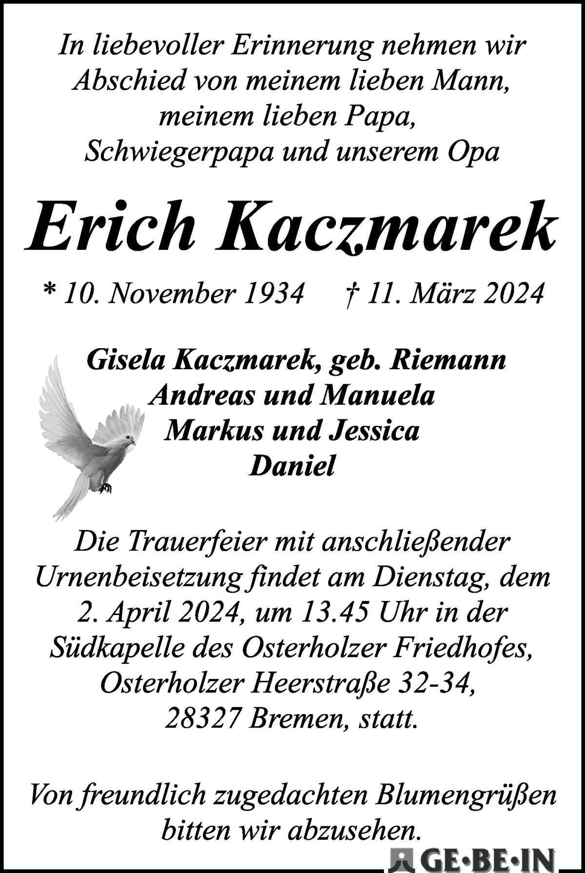 Traueranzeige von Erich Kaczmarek von WESER-KURIER