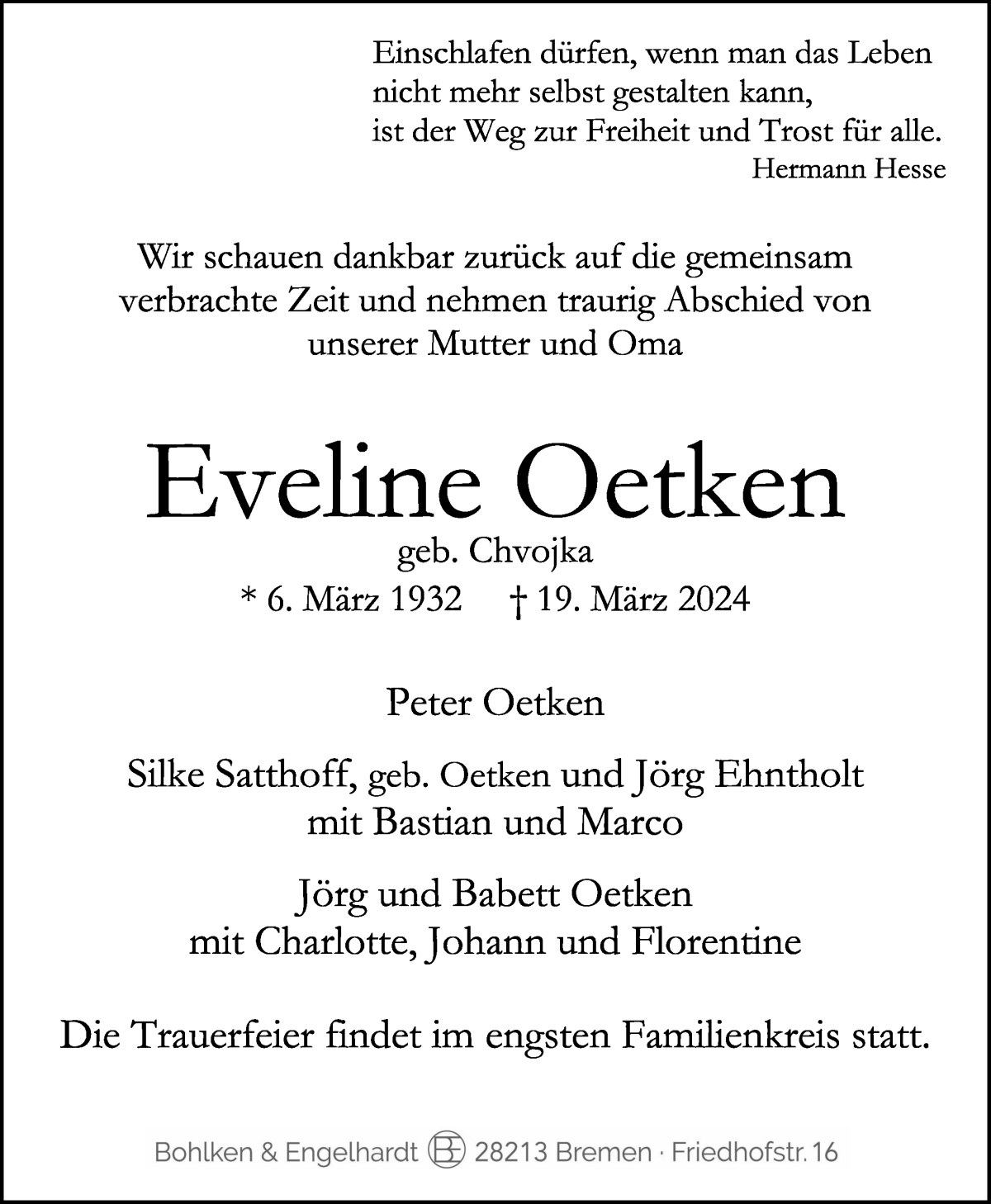 Traueranzeige von Eveline Oetken von WESER-KURIER