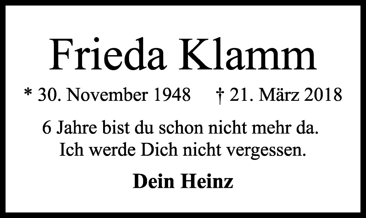 Traueranzeige von Frieda Klamm von WESER-KURIER