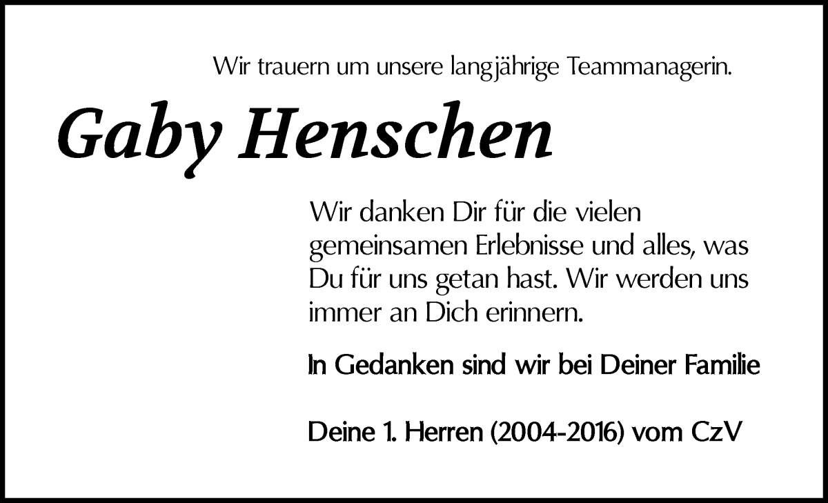Traueranzeige von Gabriela Henschen von WESER-KURIER