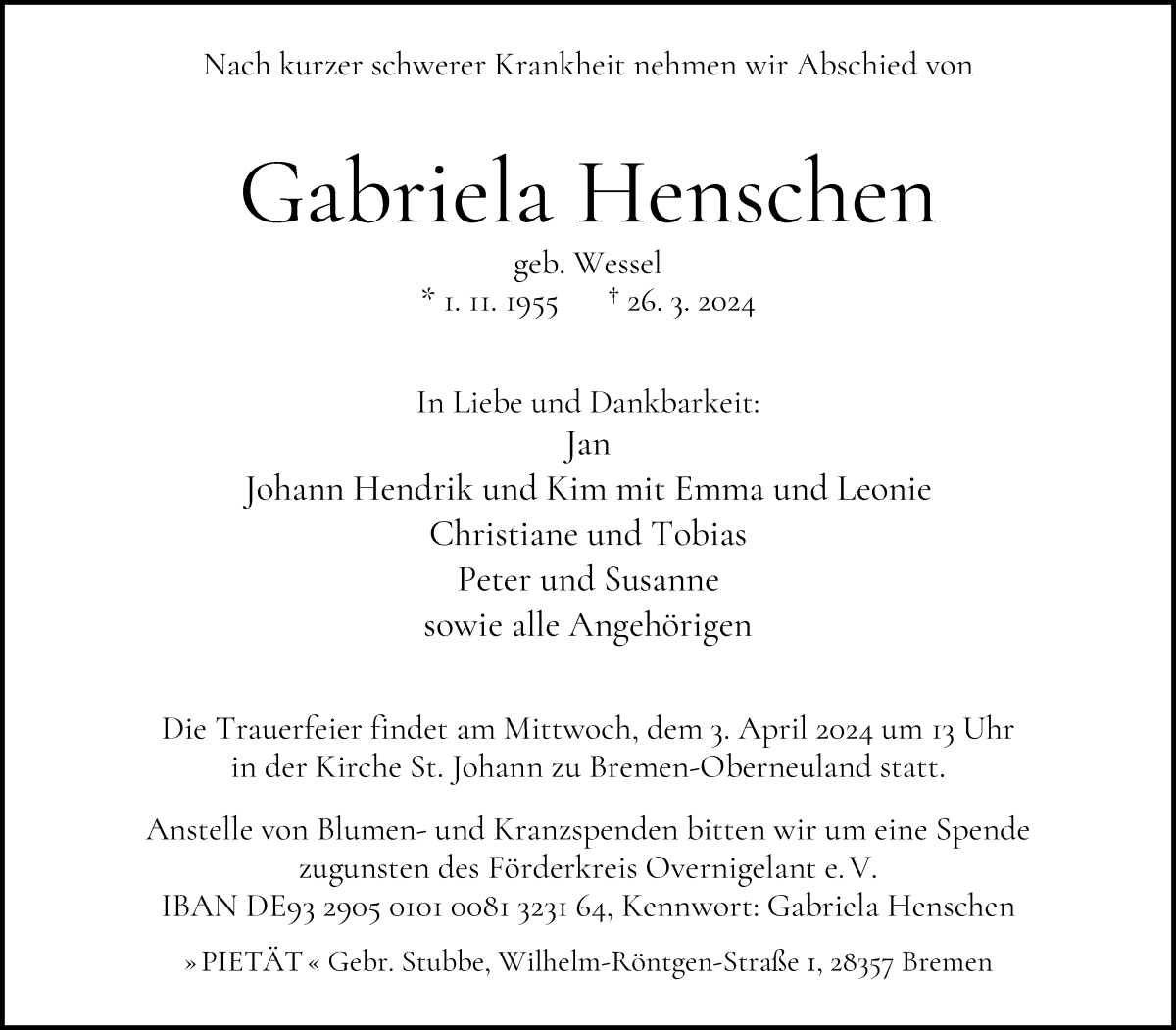 Traueranzeige von Gabriela Henschen von WESER-KURIER
