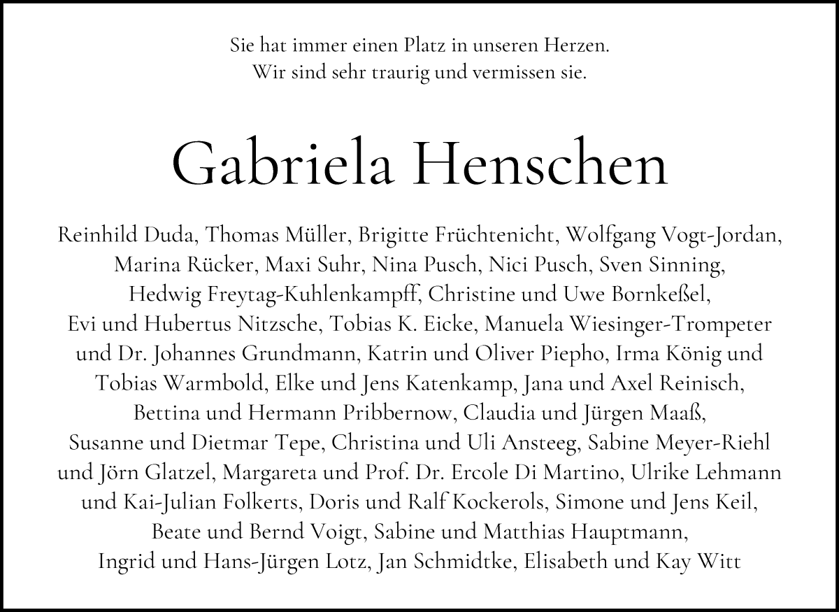 Traueranzeige von Gabriela Henschen von WESER-KURIER