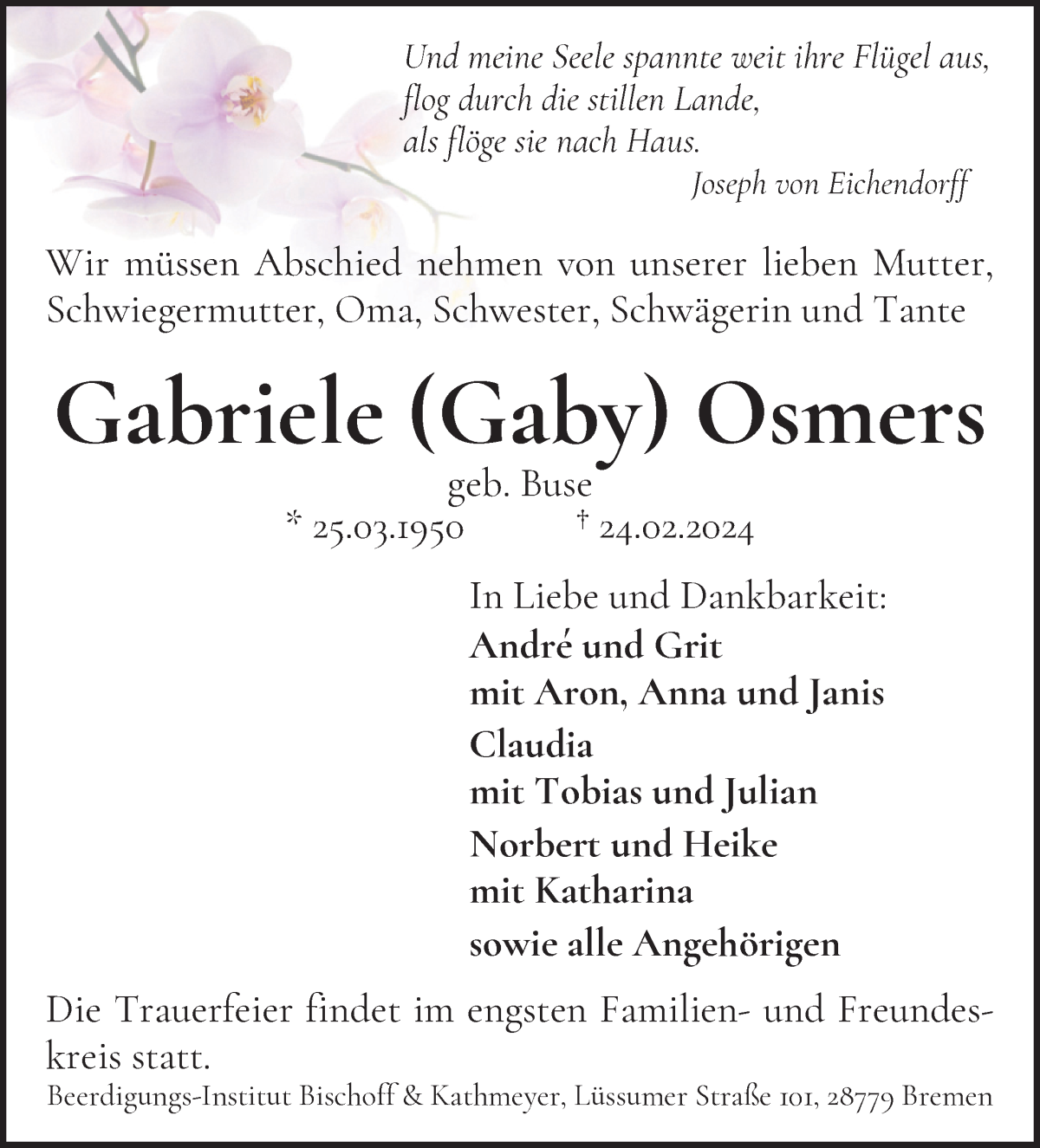 Traueranzeige von Gabriele Osmers von WESER-KURIER