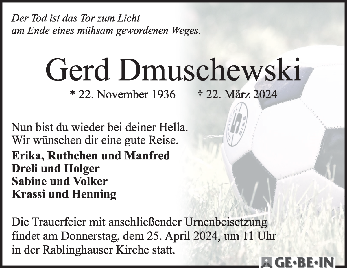 Traueranzeige von Gerd Dmuschewski von WESER-KURIER