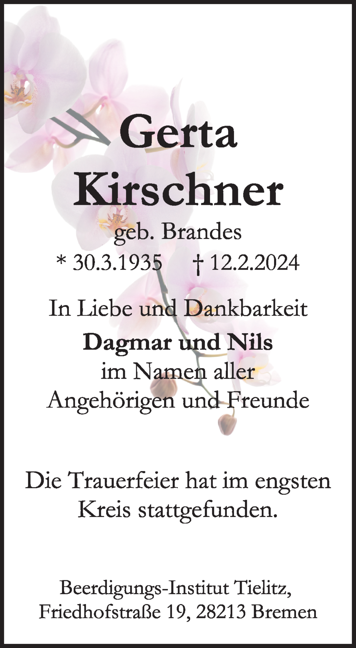 Traueranzeige von Gerta Kirschner von WESER-KURIER