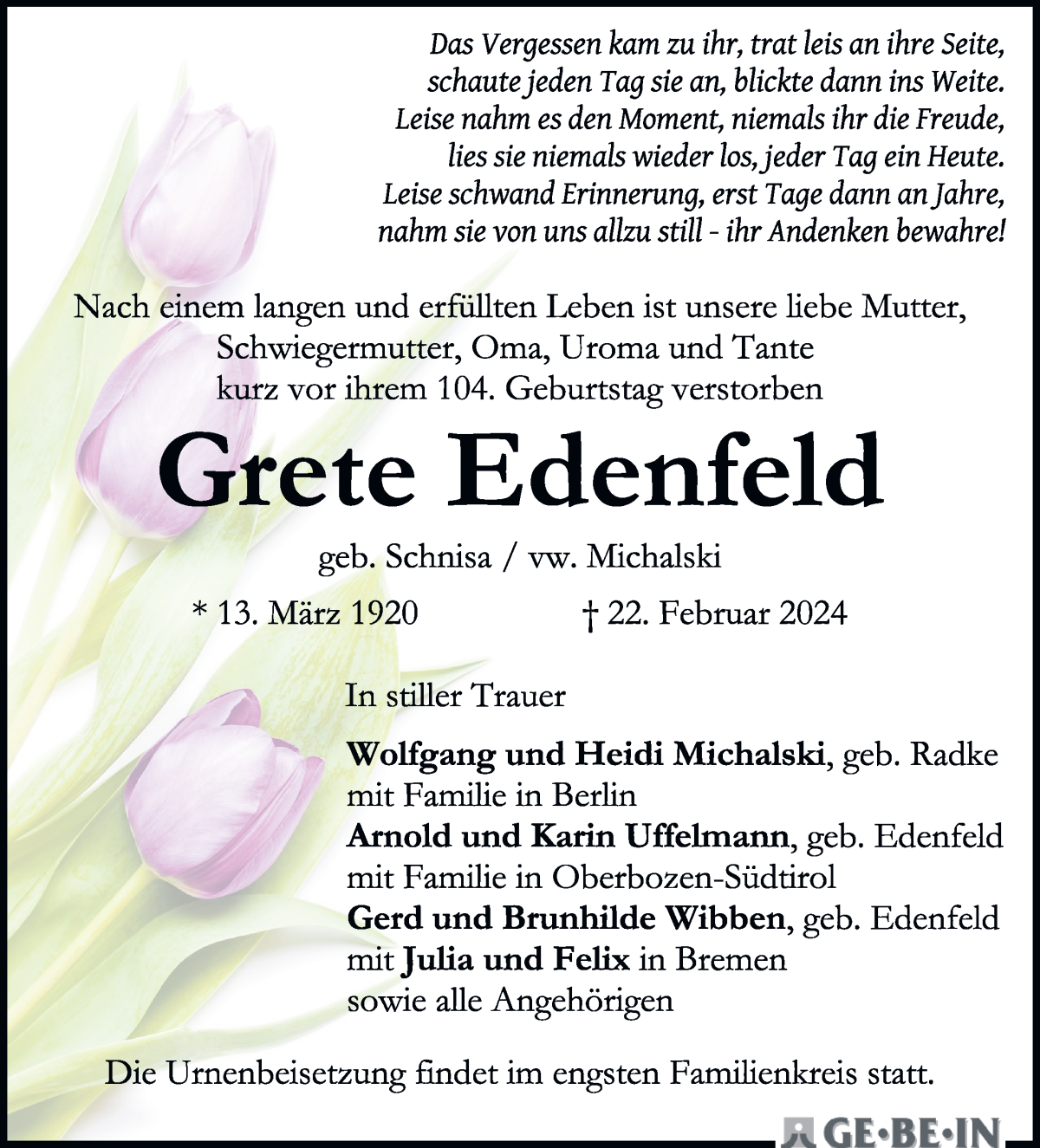 Traueranzeige von Grete Edenfeld von WESER-KURIER