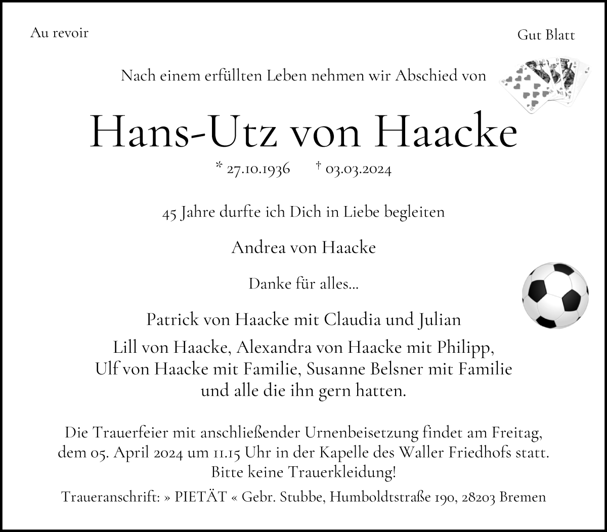 Traueranzeige von Hans-Utz von Haacke von WESER-KURIER