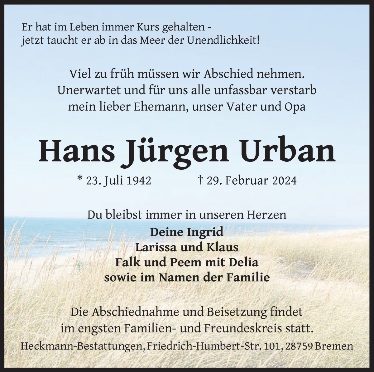 Traueranzeige von Hans Jürgen Urban von Die Norddeutsche