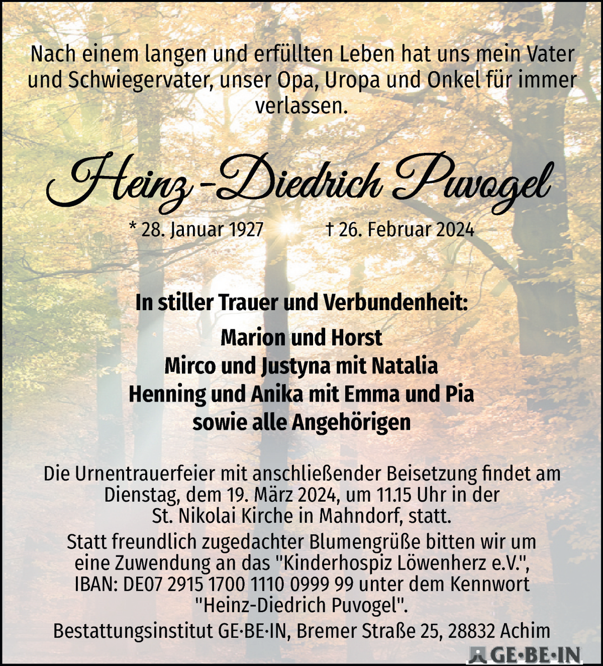 Traueranzeige von Heinz-Diedrich Puvogel von WESER-KURIER