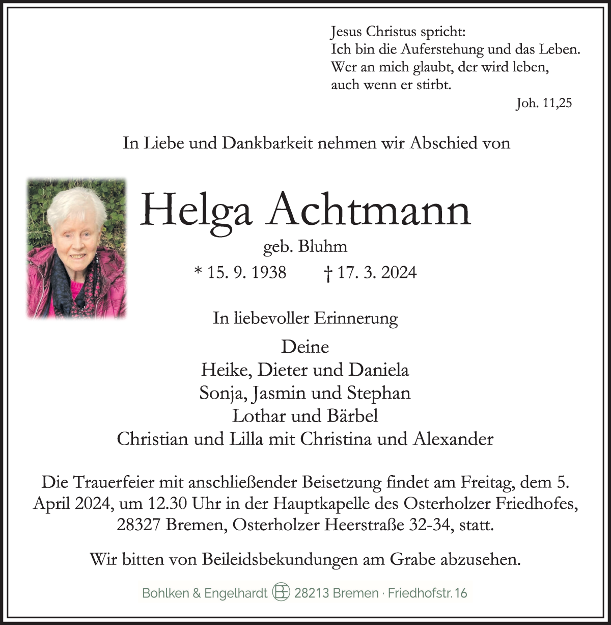 Traueranzeige von Helga Achtmann von WESER-KURIER