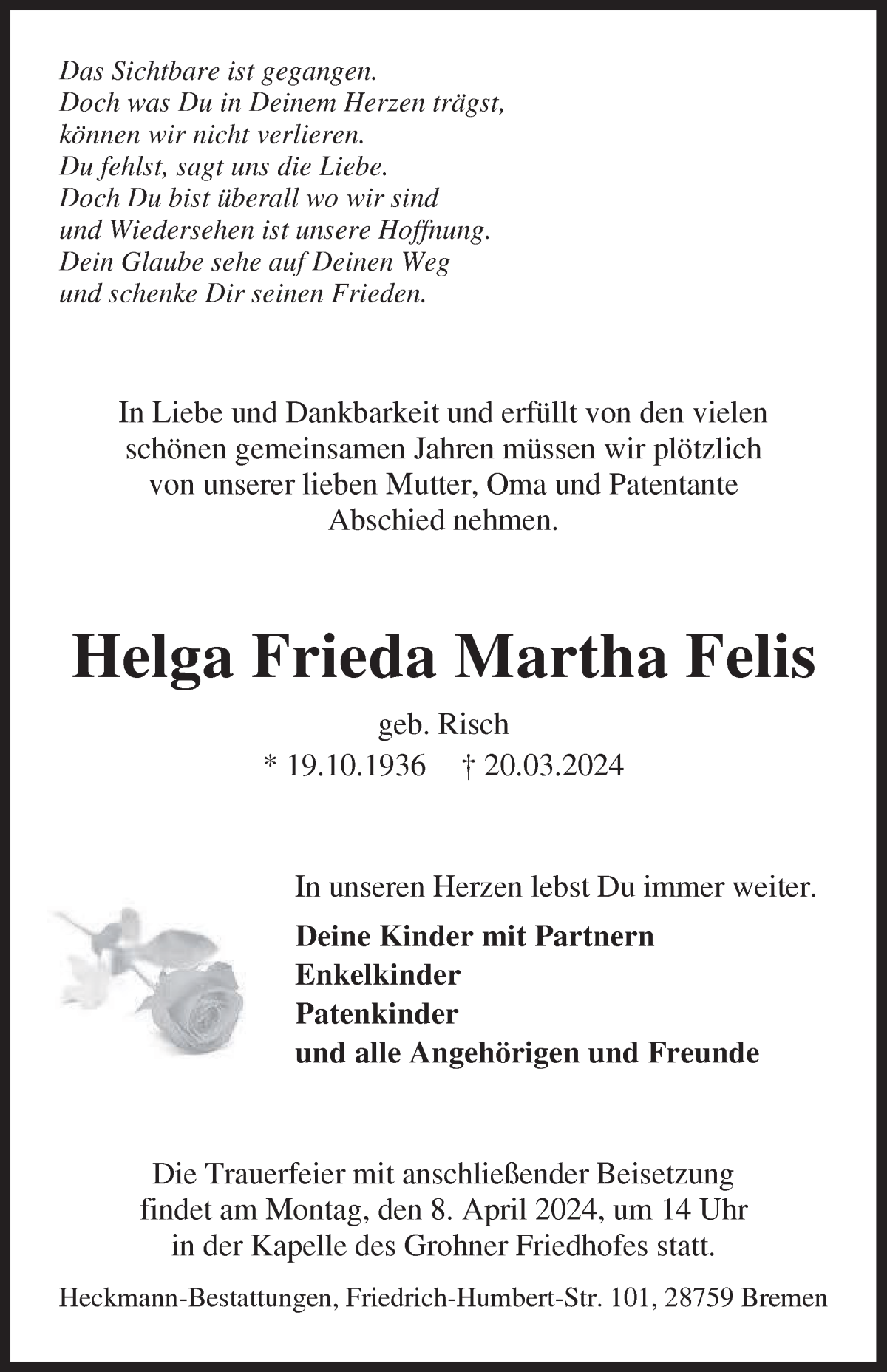 Traueranzeige von Helga  Felis von Die Norddeutsche