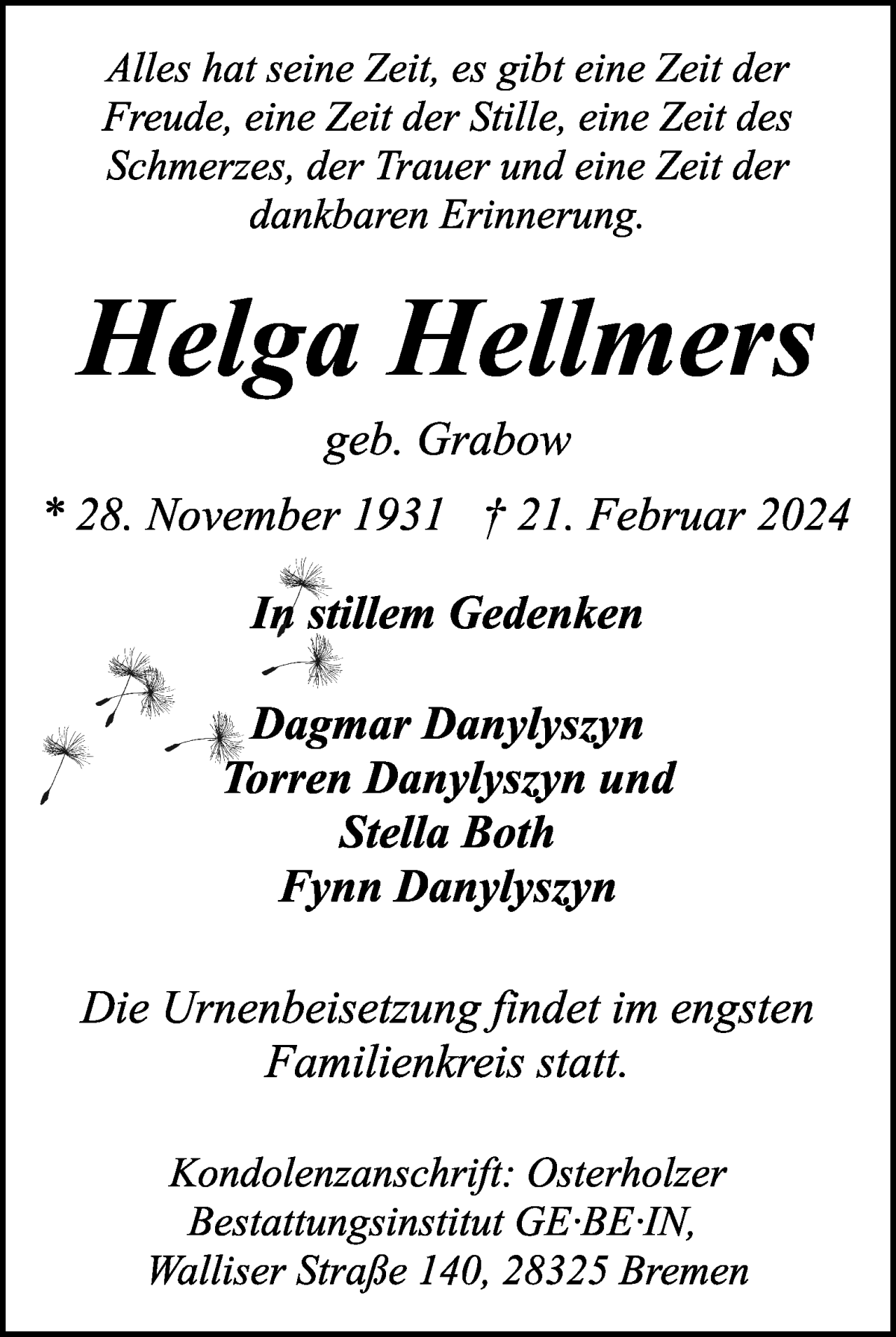 Traueranzeige von Helga Hellmers von WESER-KURIER