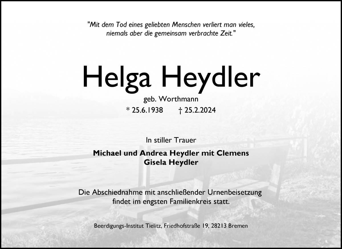 Traueranzeige von Helga Heydler von WESER-KURIER