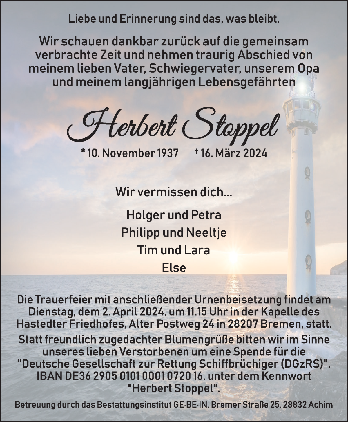 Traueranzeige von Herbert Stoppel von WESER-KURIER