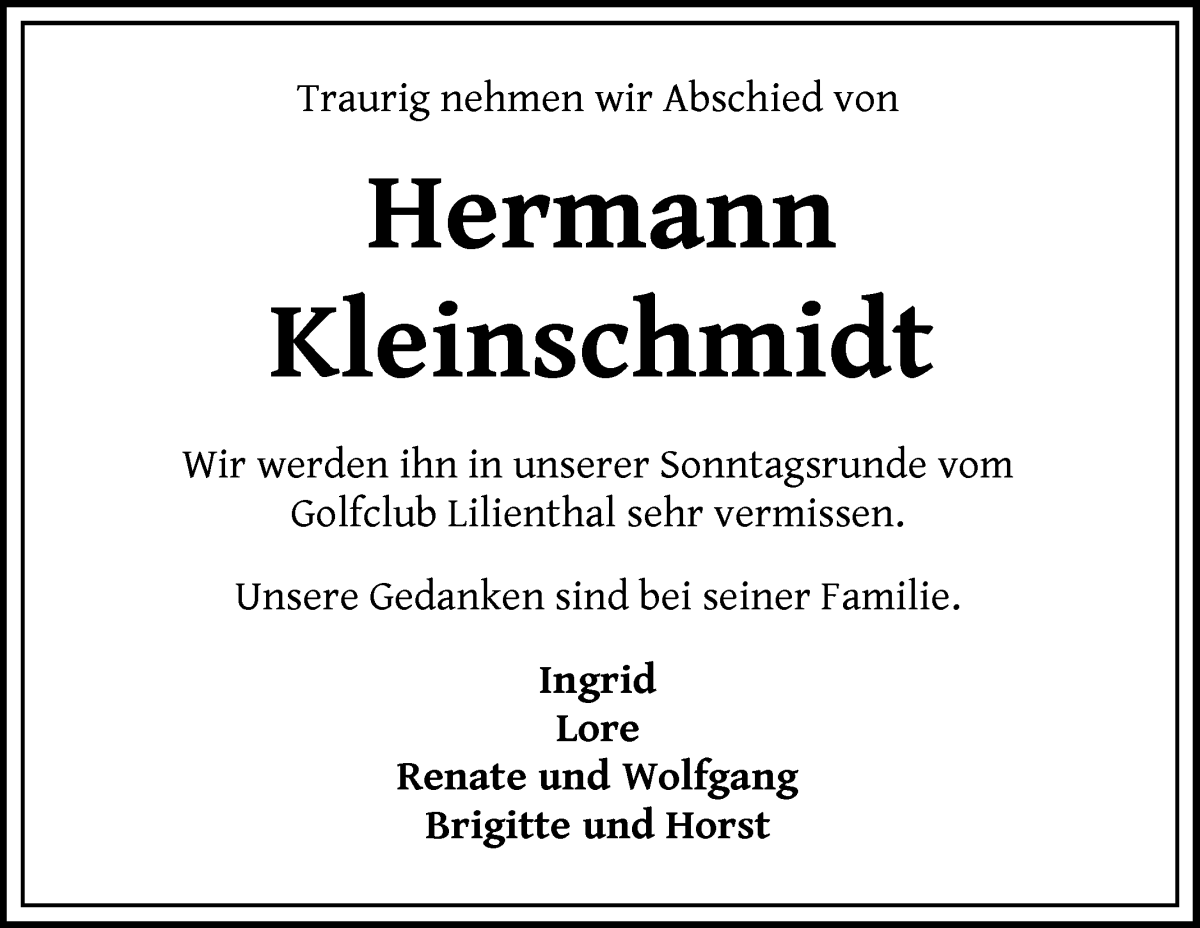 Traueranzeige von Hermann Kleinschmidt von Wuemme Zeitung
