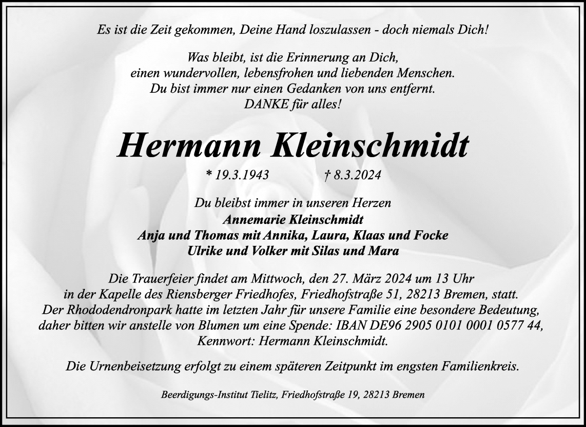 Traueranzeige von Hermann Kleinschmidt von Wuemme Zeitung