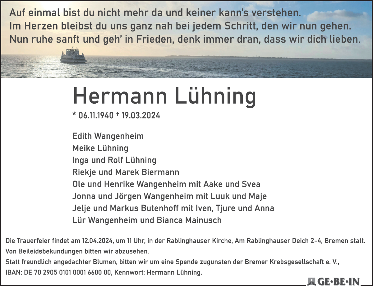 Traueranzeige von Hermann Lühning von WESER-KURIER