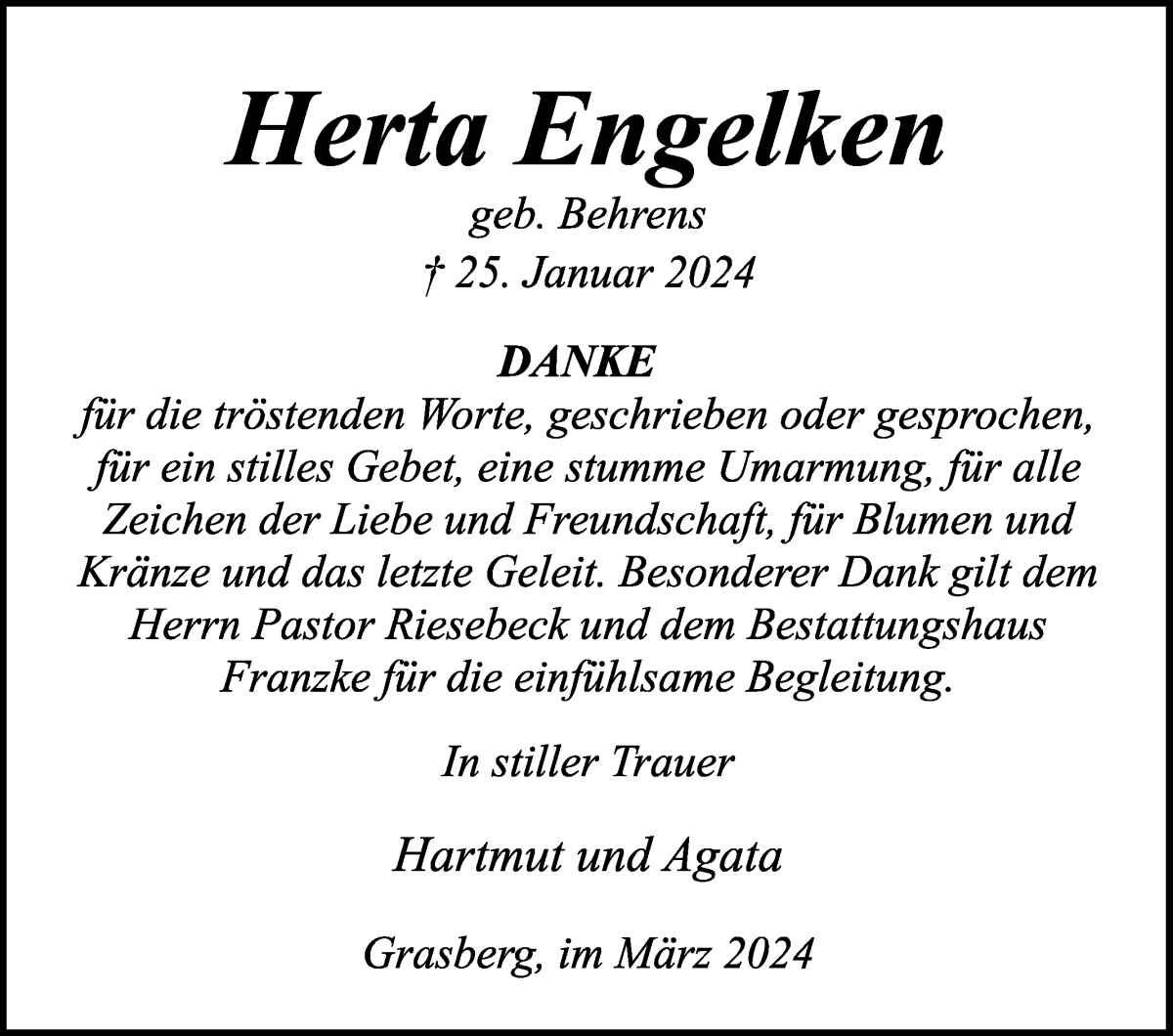 Traueranzeige von Herta Engelken von Wuemme Zeitung