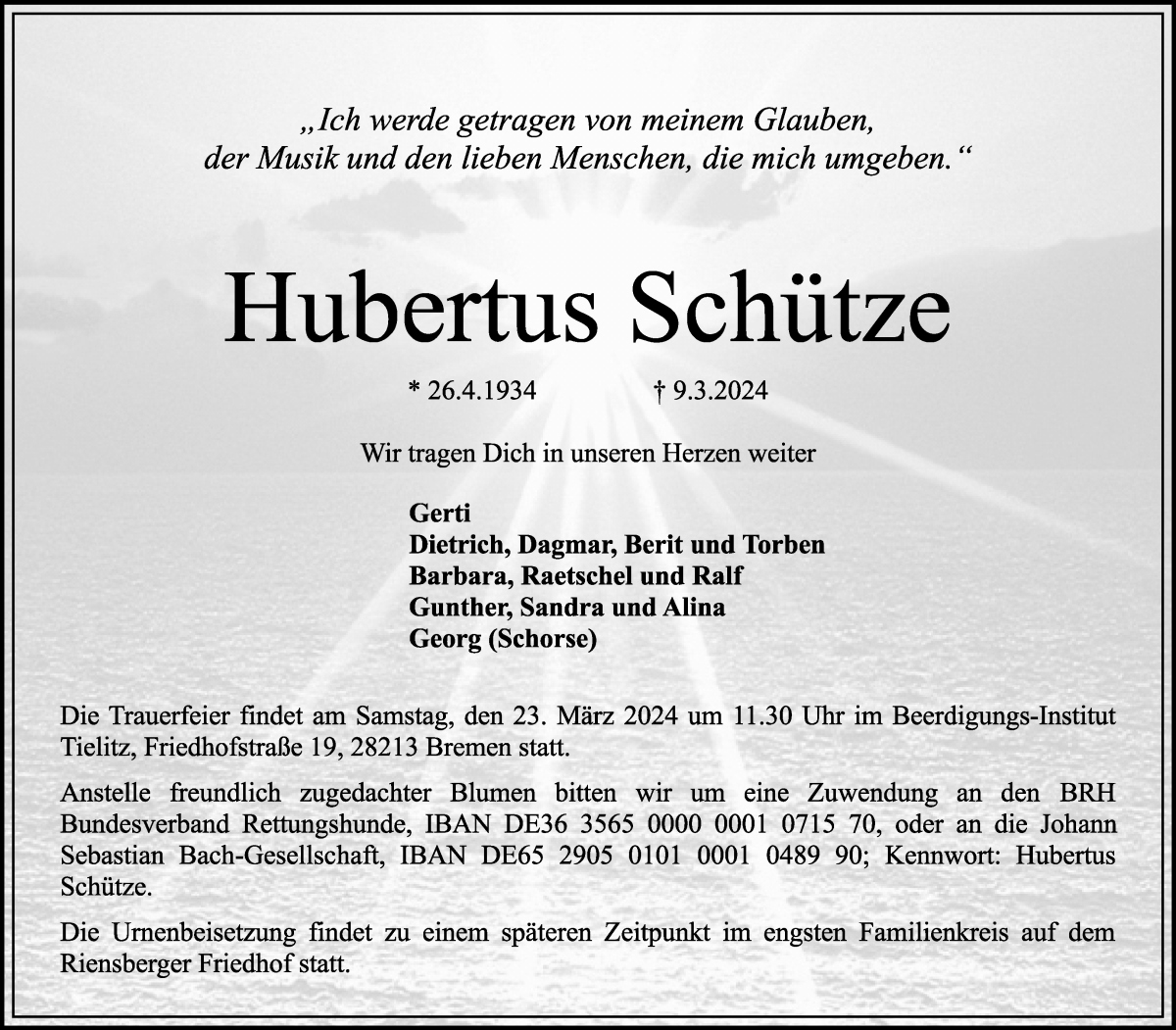 Traueranzeige von Hubertus Schütze von WESER-KURIER