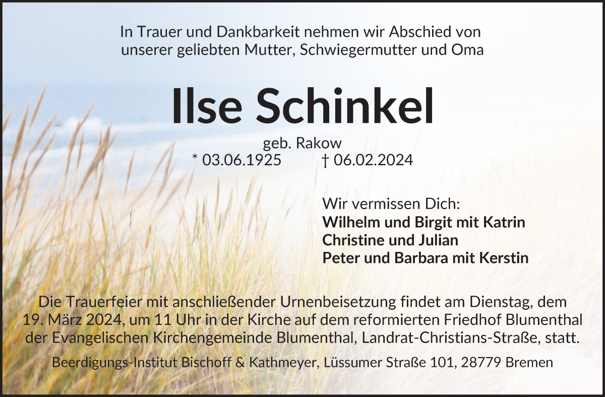 Traueranzeige von Ilse Schinkel von Die Norddeutsche