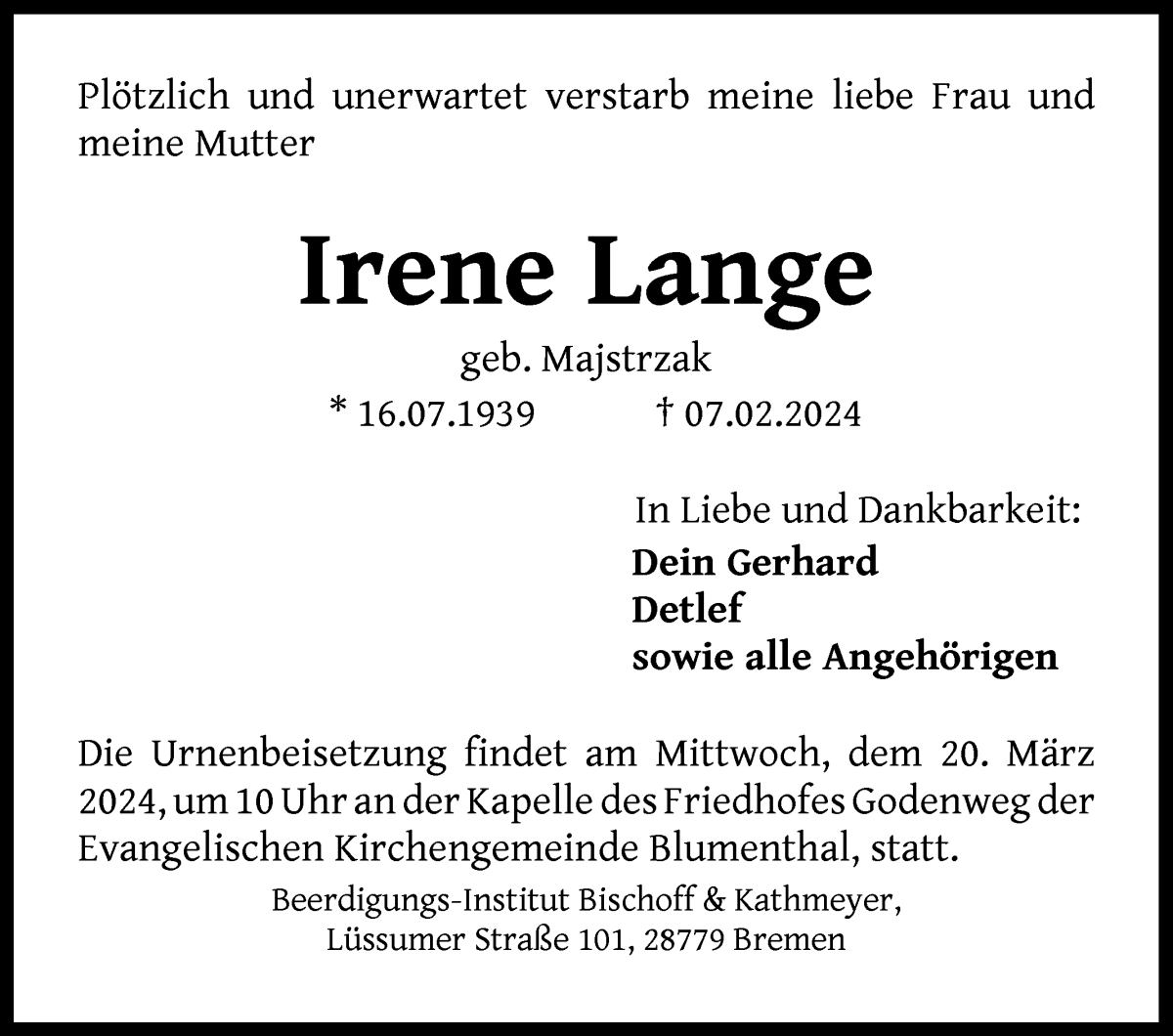 Traueranzeige von Irene Lange von Die Norddeutsche