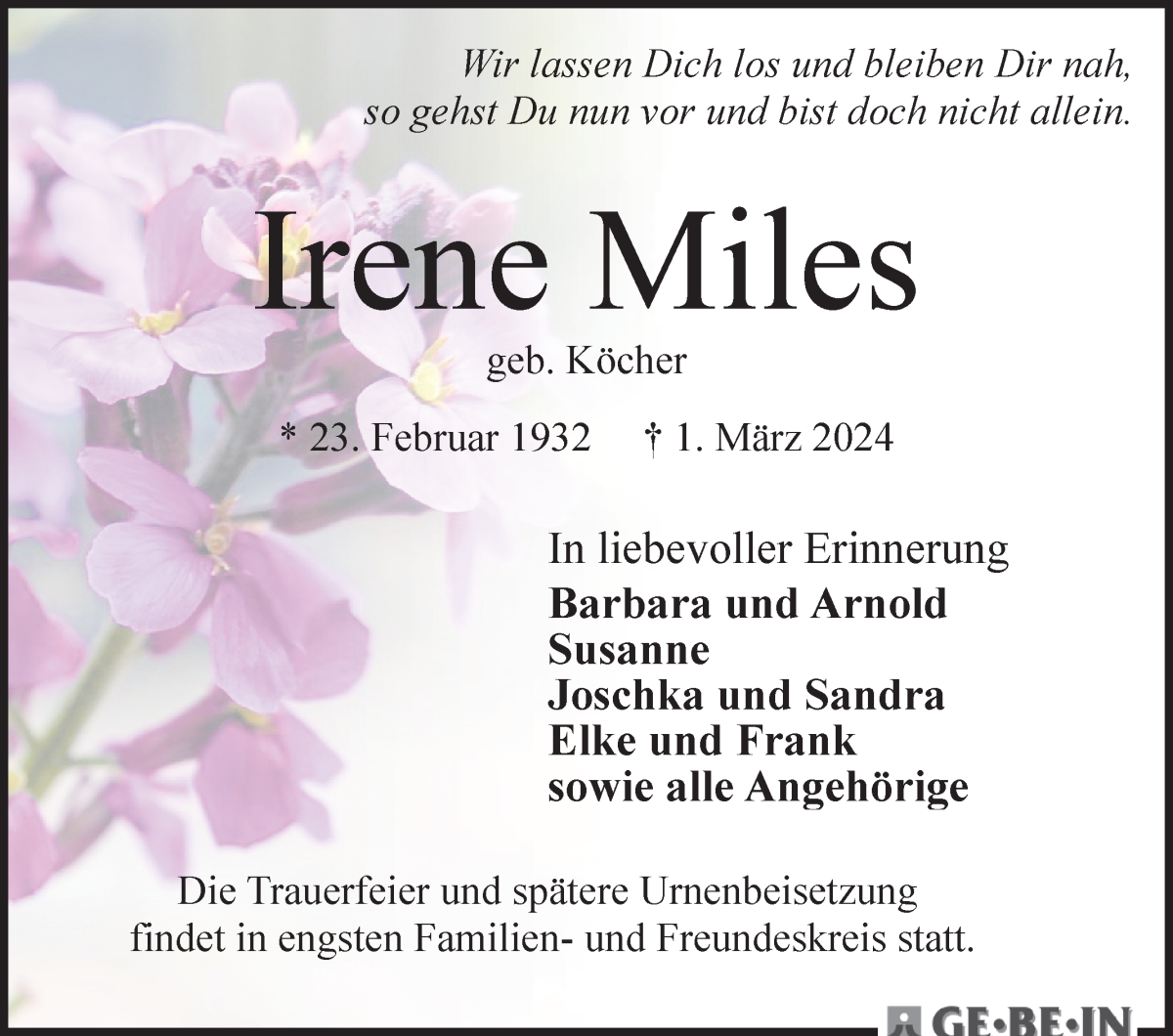 Traueranzeige von Irene Miles von WESER-KURIER