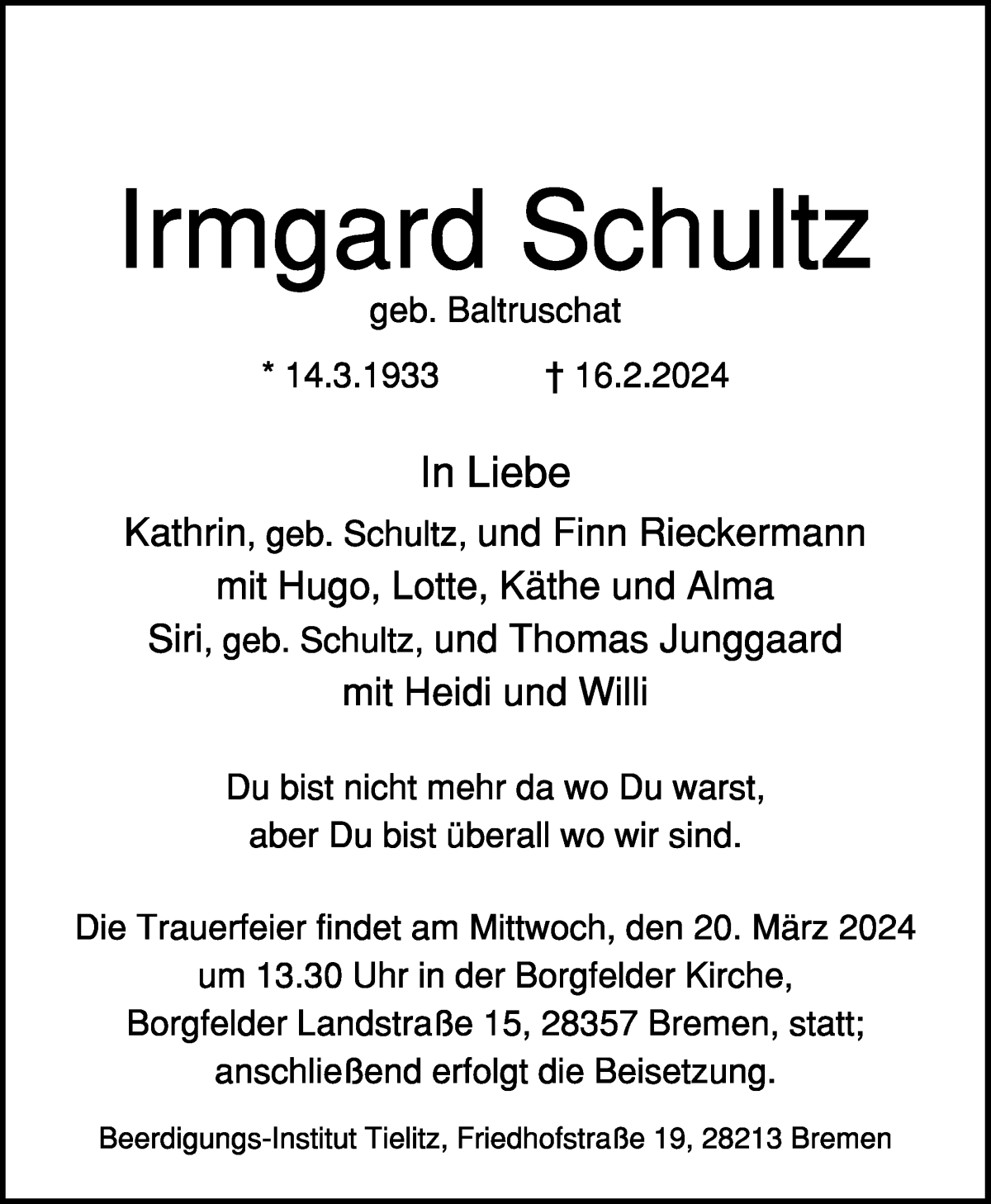 Traueranzeige von Irmgard Schultz von WESER-KURIER