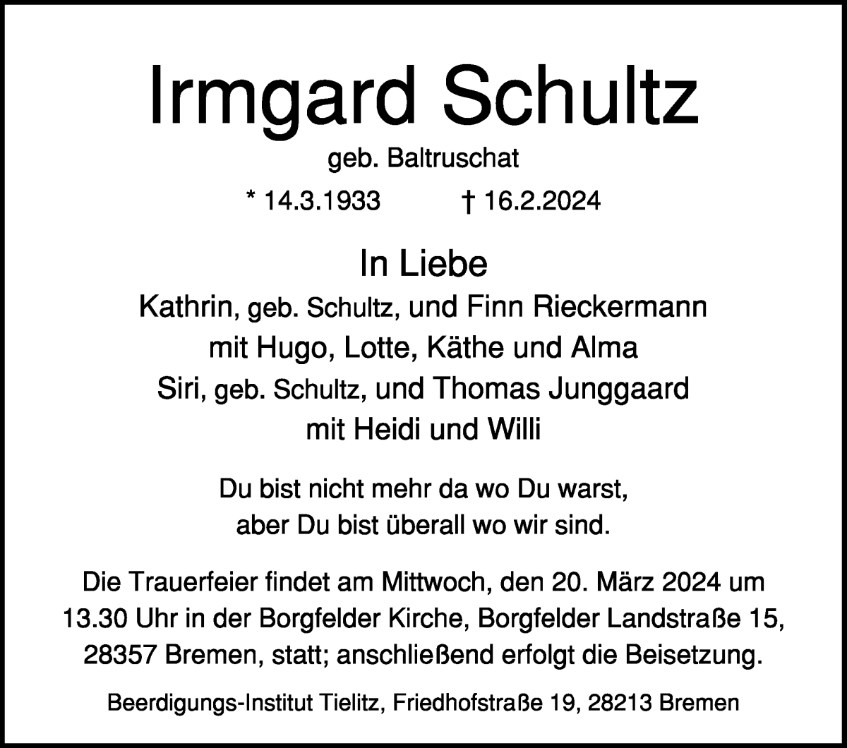 Traueranzeige von Irmgard Schultz von Wuemme Zeitung