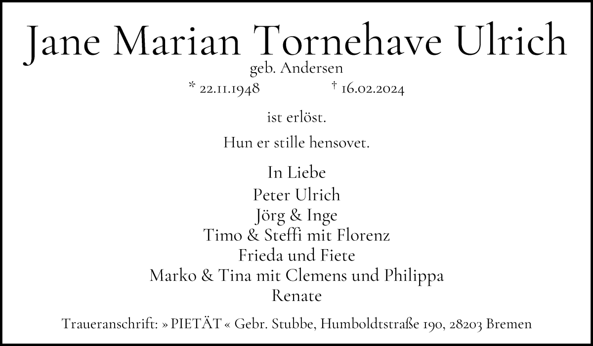 Traueranzeige von Jane Marian  Tornehave Ulrich von WESER-KURIER