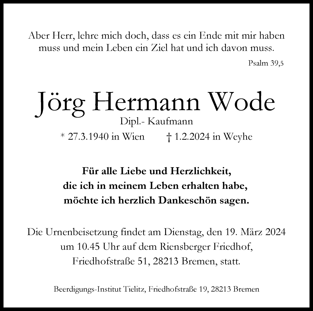 Traueranzeige von Jörg Hermann Wode von WESER-KURIER