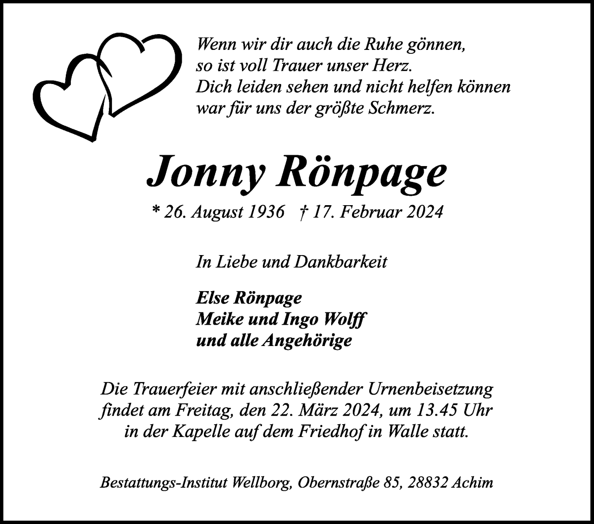 Traueranzeige von Jonny Rönpage von WESER-KURIER